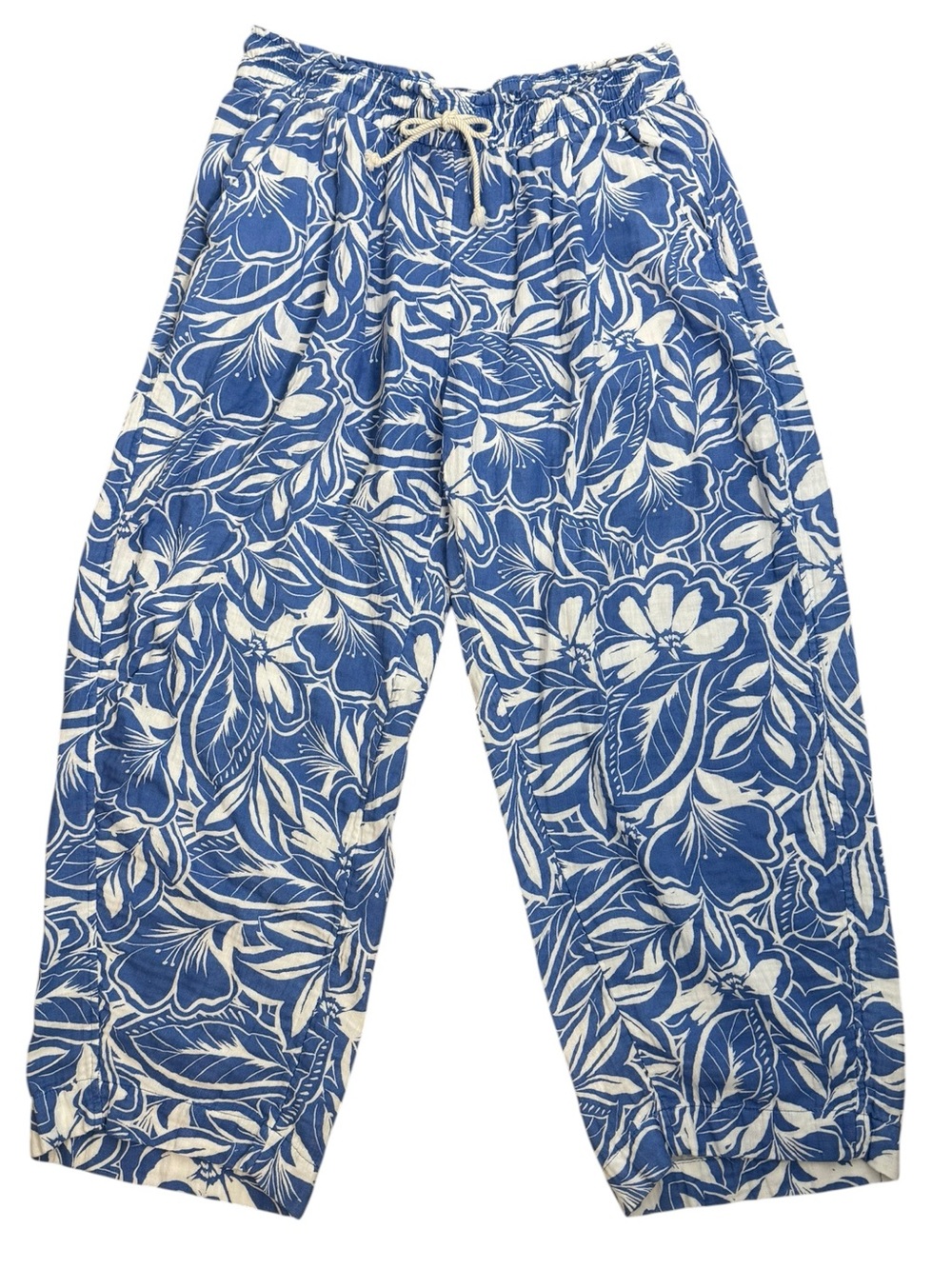 Old Navy Crinkle Gauze Barrel Ankle Pants L Blue Floral Tropical